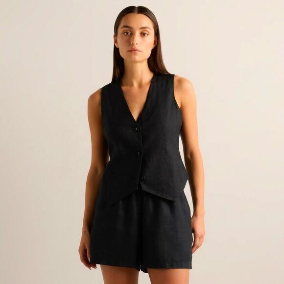 Quince Jackets & Blazers - Quince Vest Waistcoat 100% European Linen Sleeveless Black Size XL
